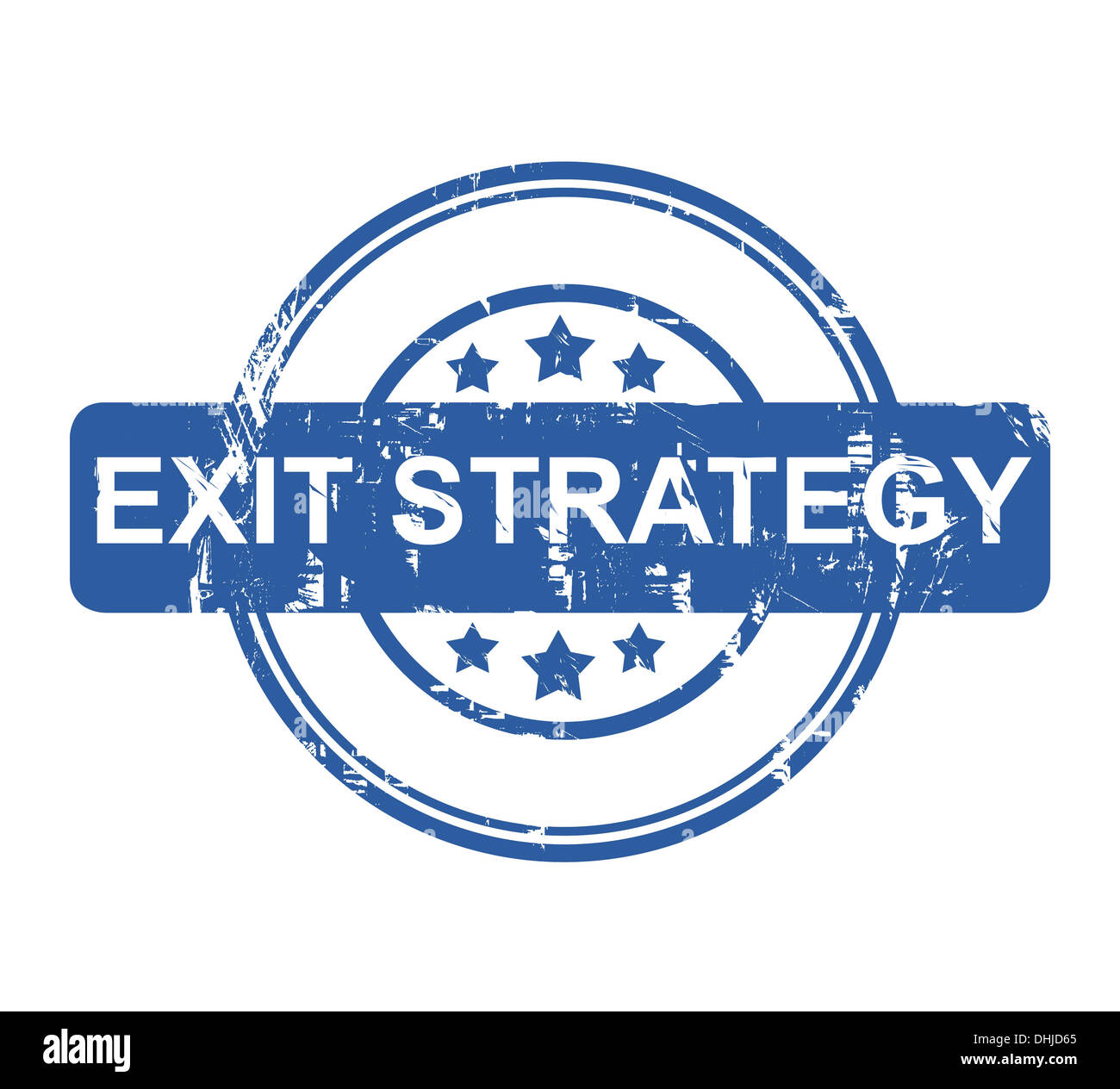 Blue business exit strategy timbro con stelle isolate su uno sfondo bianco. Foto Stock