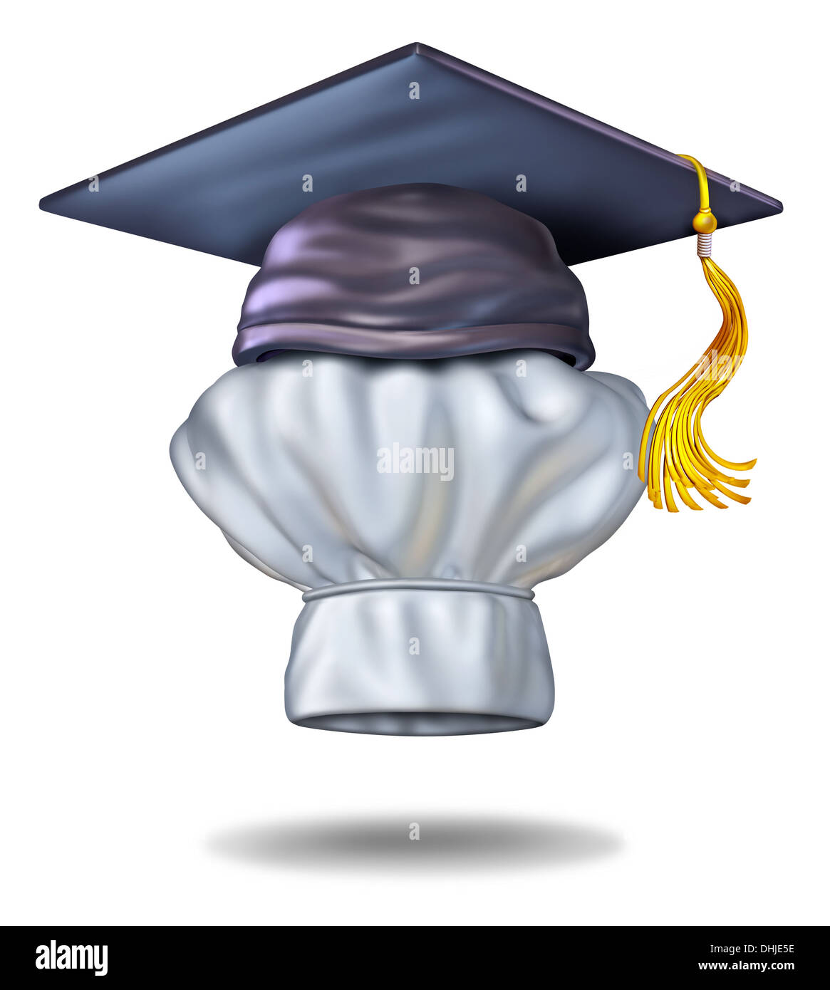 Alimentare il concetto di istruzione e la scuola di cucina simbolo con un cappuccio di graduazione o malta scheda sul cappello da cuoco come icona di formazione culinaria e imparare a cucinare pasti gourmet per ristoranti o home la cucina. Foto Stock