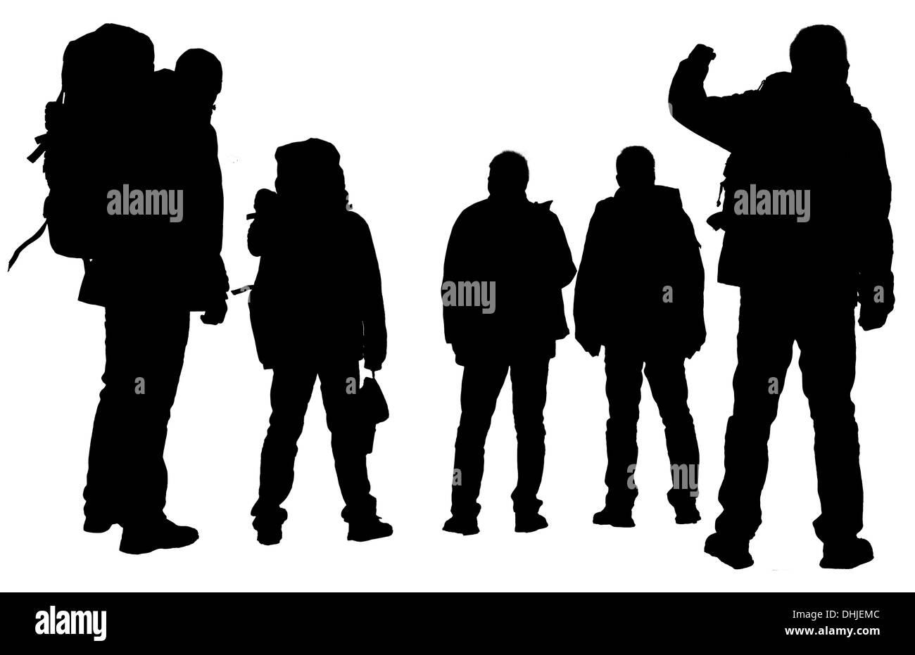 La silhouette di escursionisti isolato su uno sfondo bianco Foto Stock