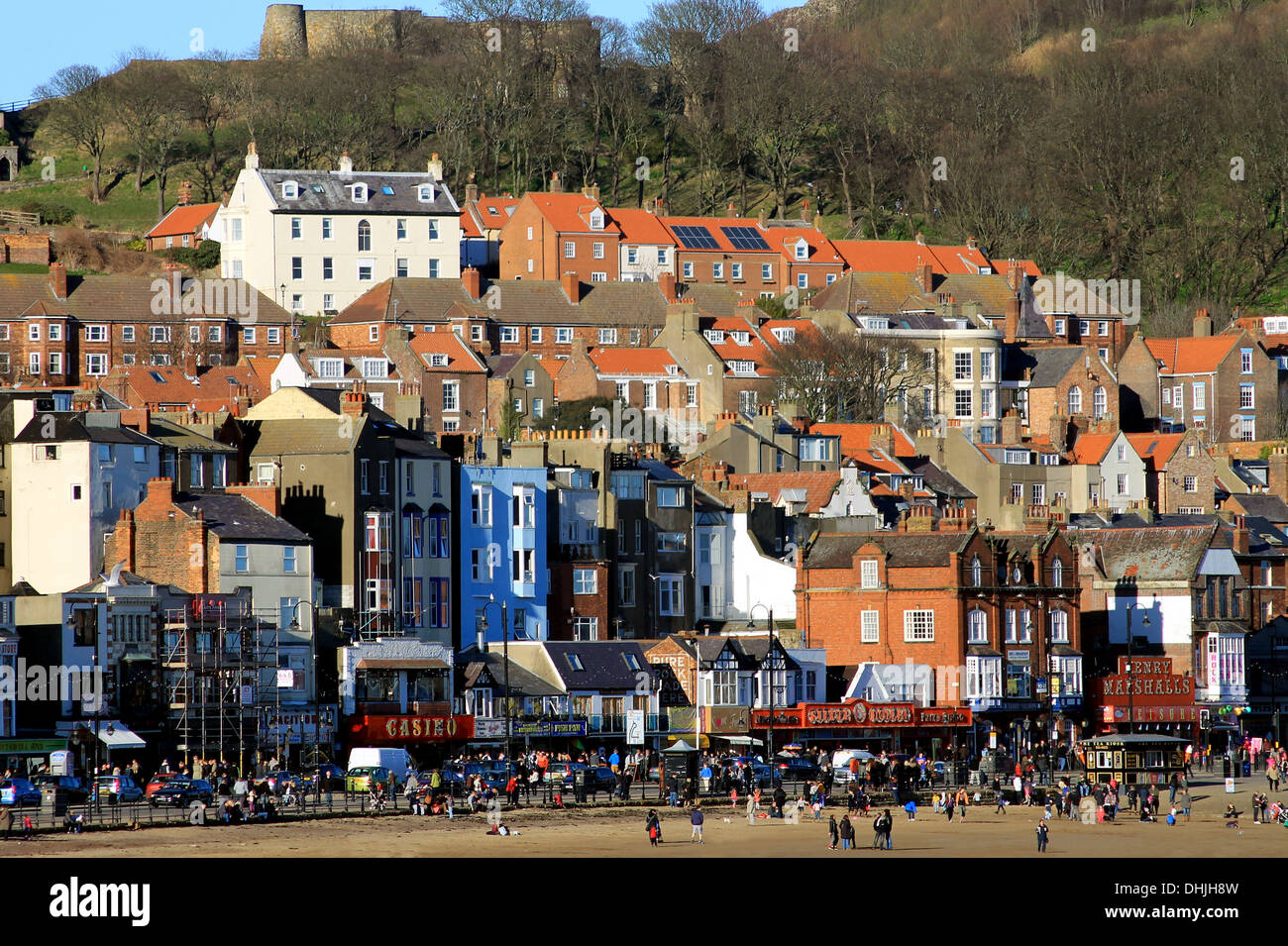 Vista panoramica della South Bay beach in Scarborough, in Inghilterra. Foto Stock