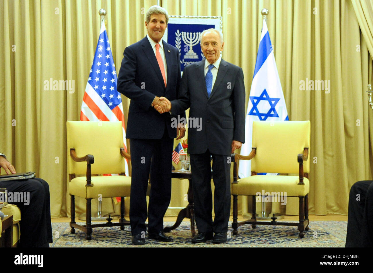 Segretario Kerry e Presidente israeliano Peres si incontrano a Gerusalemme Foto Stock