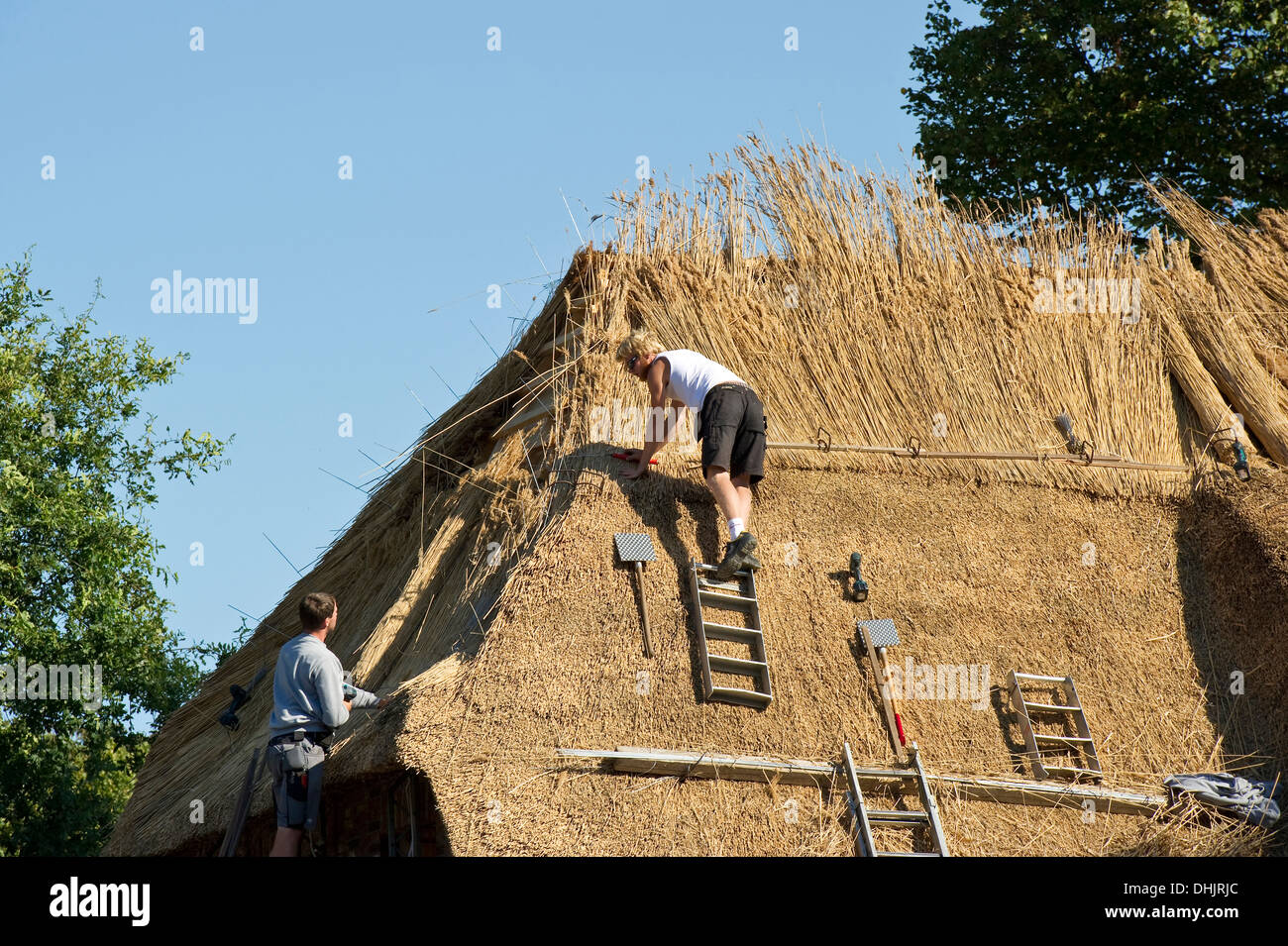 Conciatetti lavorando su una casa con tetto di paglia, Nieblum, Foehr, Nord Isole Frisone, Schleswig-Holstein, Germania, Europa Foto Stock