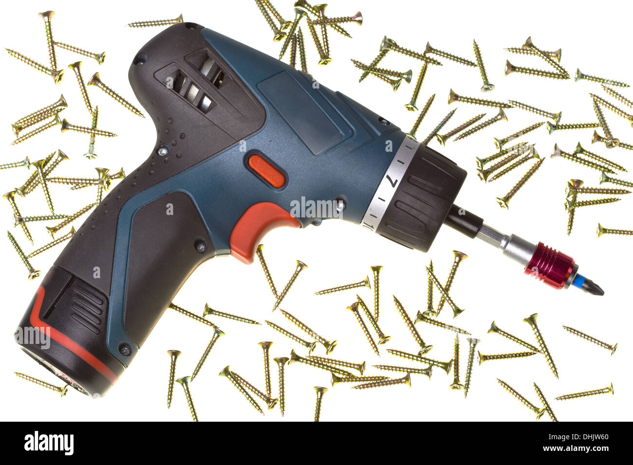 Drill-cacciavite electric storage e viti Foto Stock