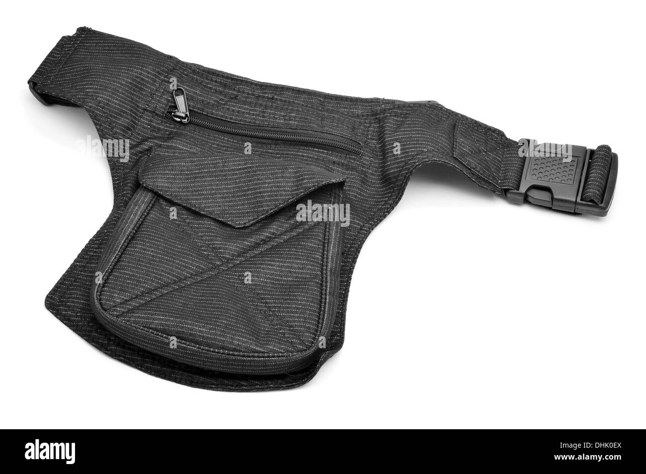 Un denim borsa alla moda con diverse tasche su sfondo bianco Foto Stock