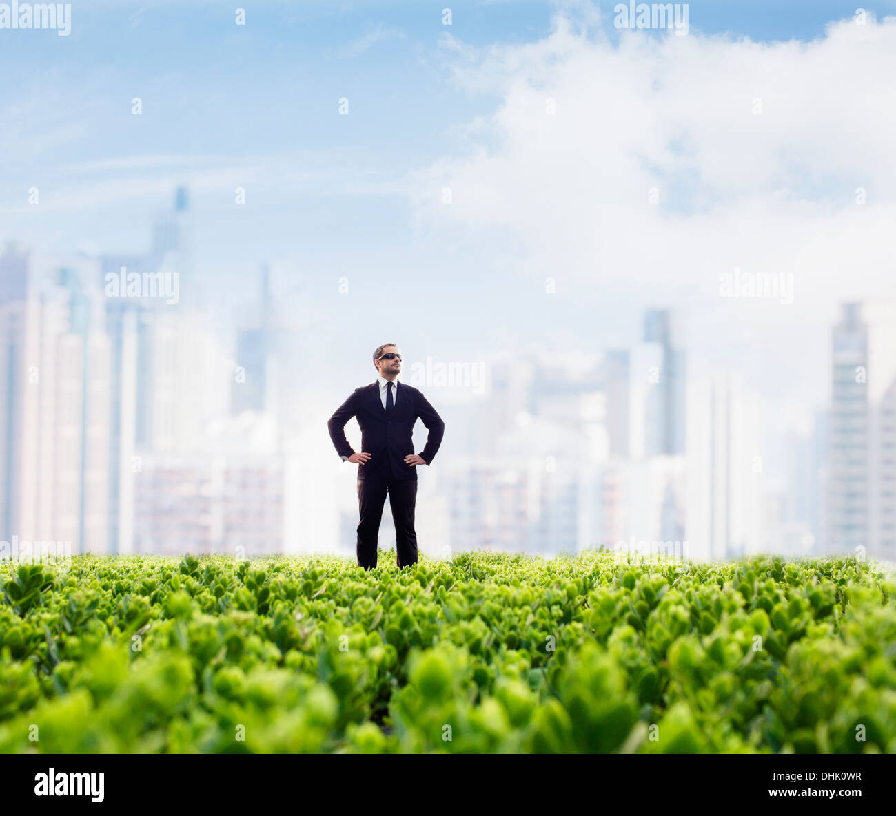 Imprenditore in occhiali da sole e le mani sui fianchi in piedi in un campo verde con lo skyline della città in background Foto Stock