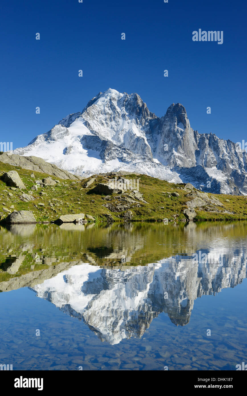Mont Blanc gamma con Aiguille Verte e Grand Dru riflettendo in un lago di montagna, Mont Blanc range, Chamonix, Savoia, Francia Foto Stock