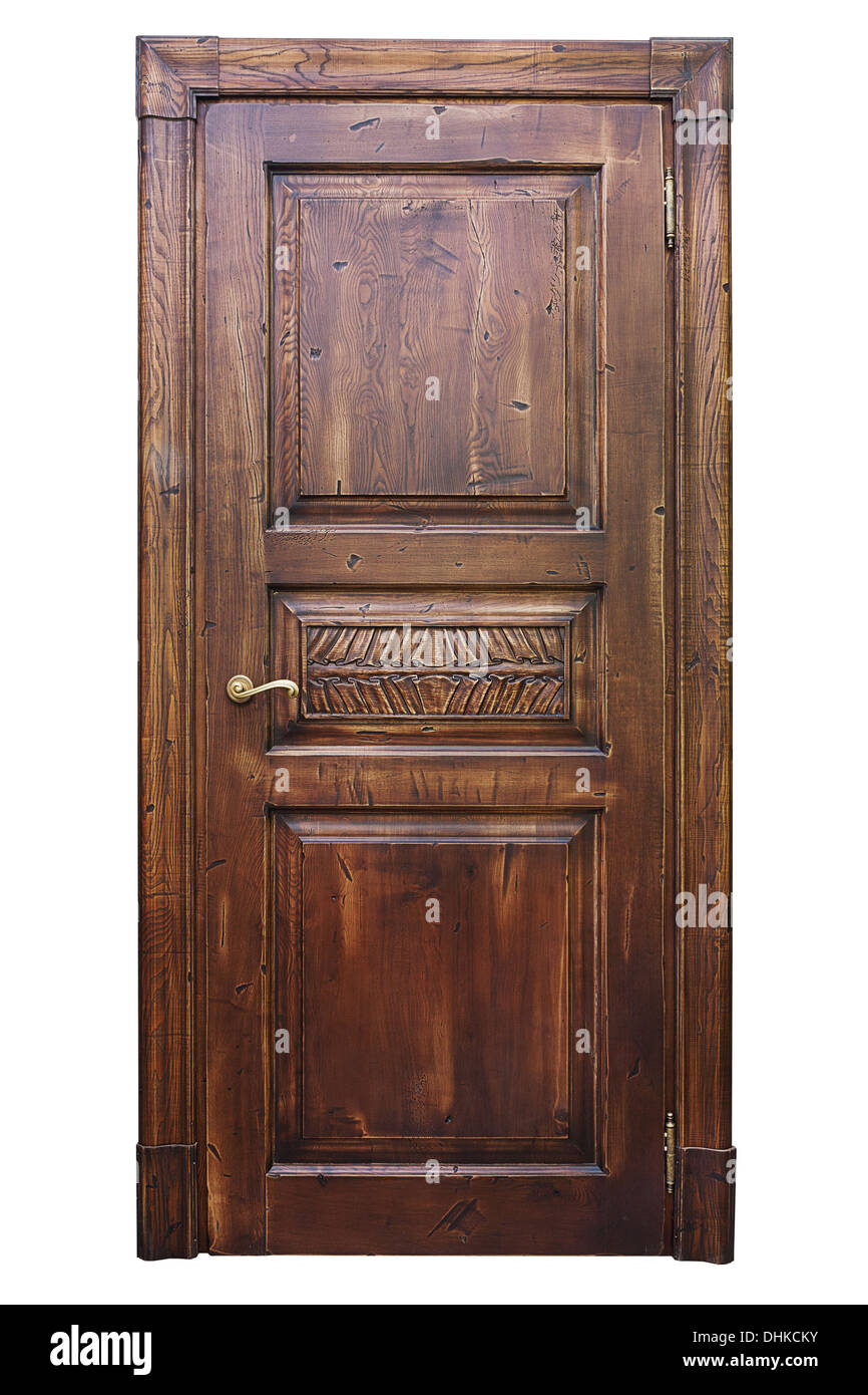 Vintage porta di legno isolato su sfondo bianco Foto Stock