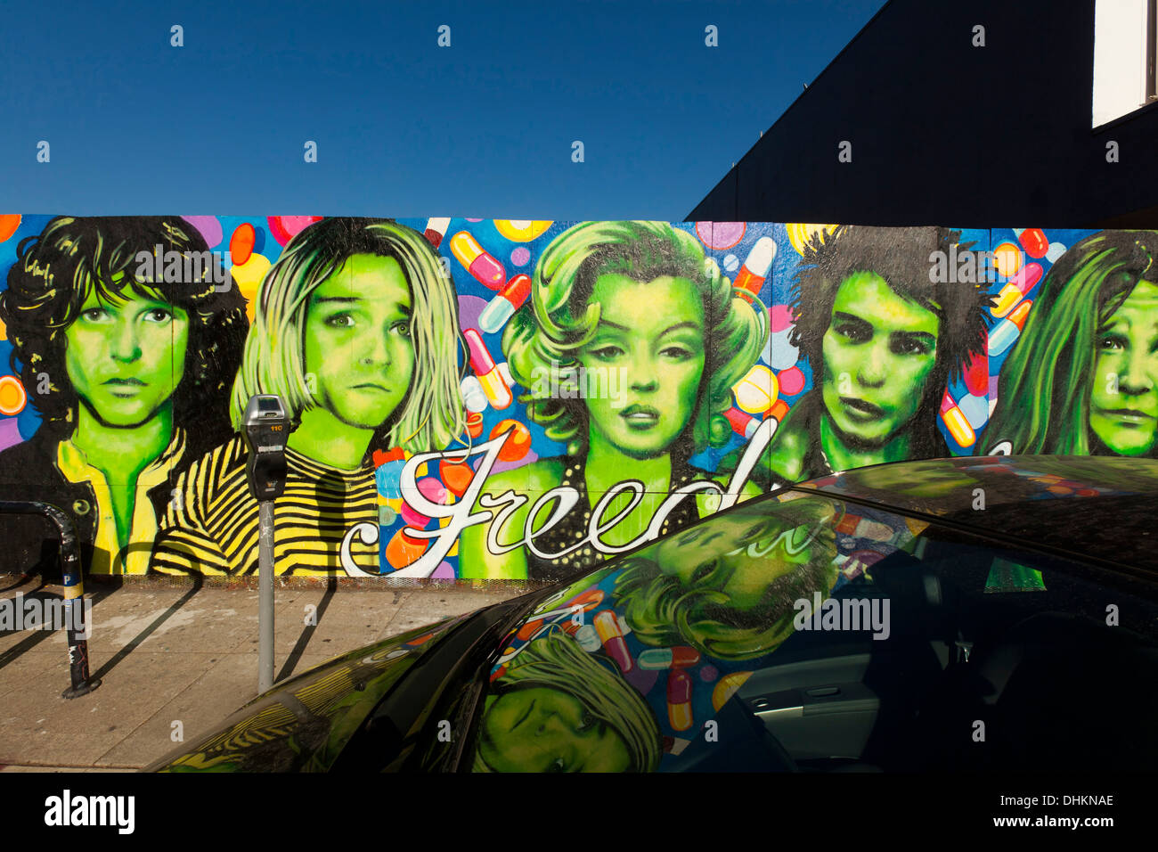 Street Art raffiguranti Marilyn Monroe, Jim Morrison, Janis Joplin Foto Stock