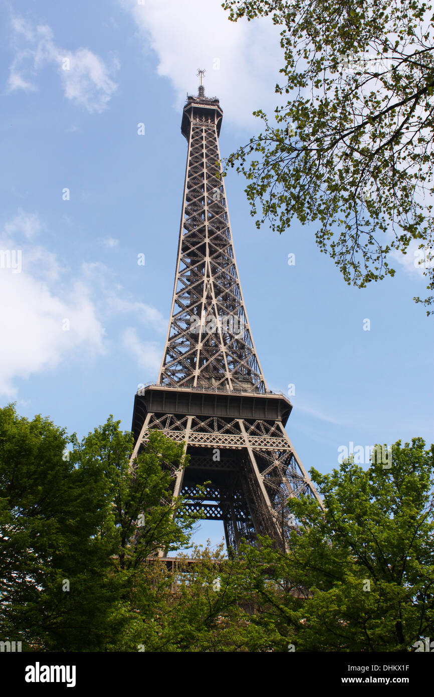 Torre Eiffel con fresco verde di alberi in Parigi, Francia Foto Stock