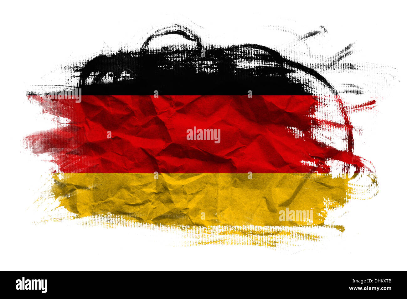 Bandiera della Germania su carta sgualcita texture. Vecchia carta riciclata in background. Foto Stock