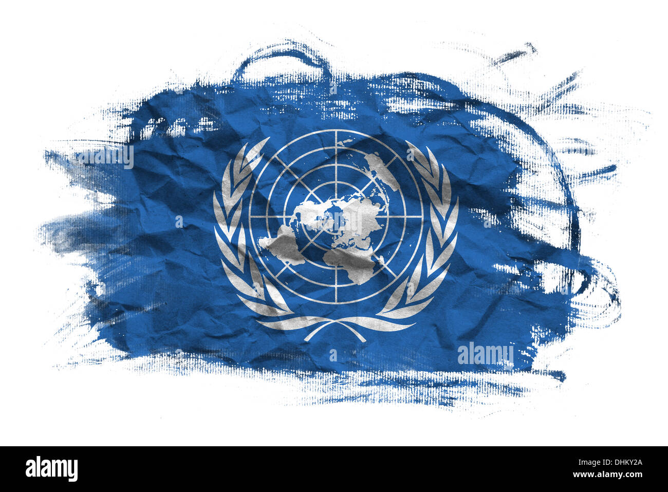 Bandiera delle Nazioni Unite su carta sgualcita texture. Vecchia carta riciclata in background. Foto Stock