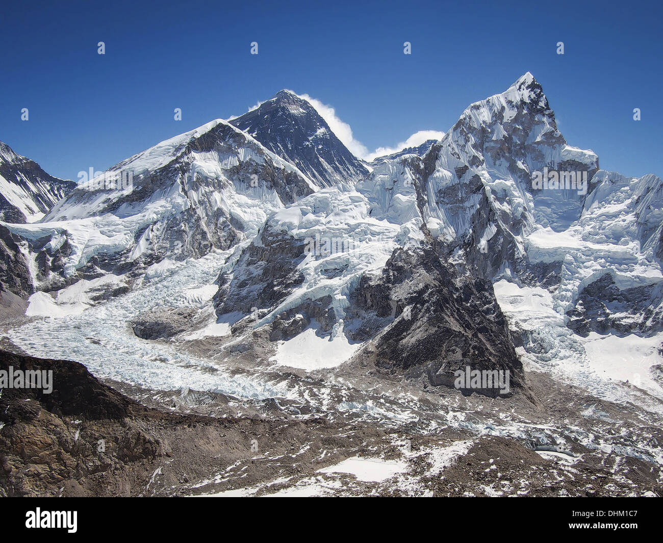L'Everest, sul Nuptse e il Ghiacciaio Khumbu visto da Kala Patthar, Regione di Khumbu, in Nepal. Foto Stock