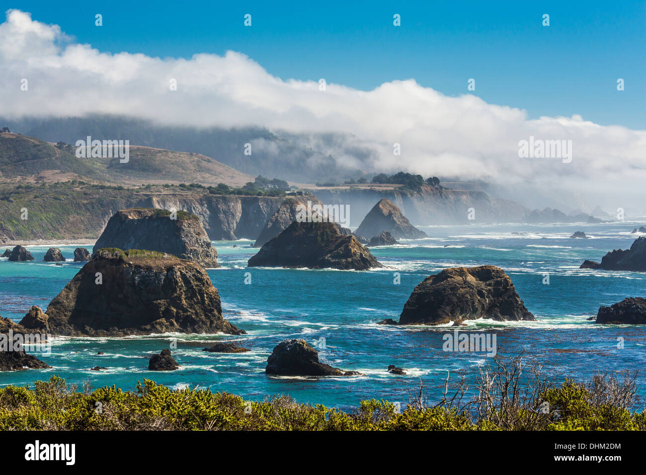 Il mare di pile di Cuffey's Cove, una classica vista in Mendocino County della costa del Pacifico, visto da SR 1, CALIFORNIA, STATI UNITI D'AMERICA Foto Stock