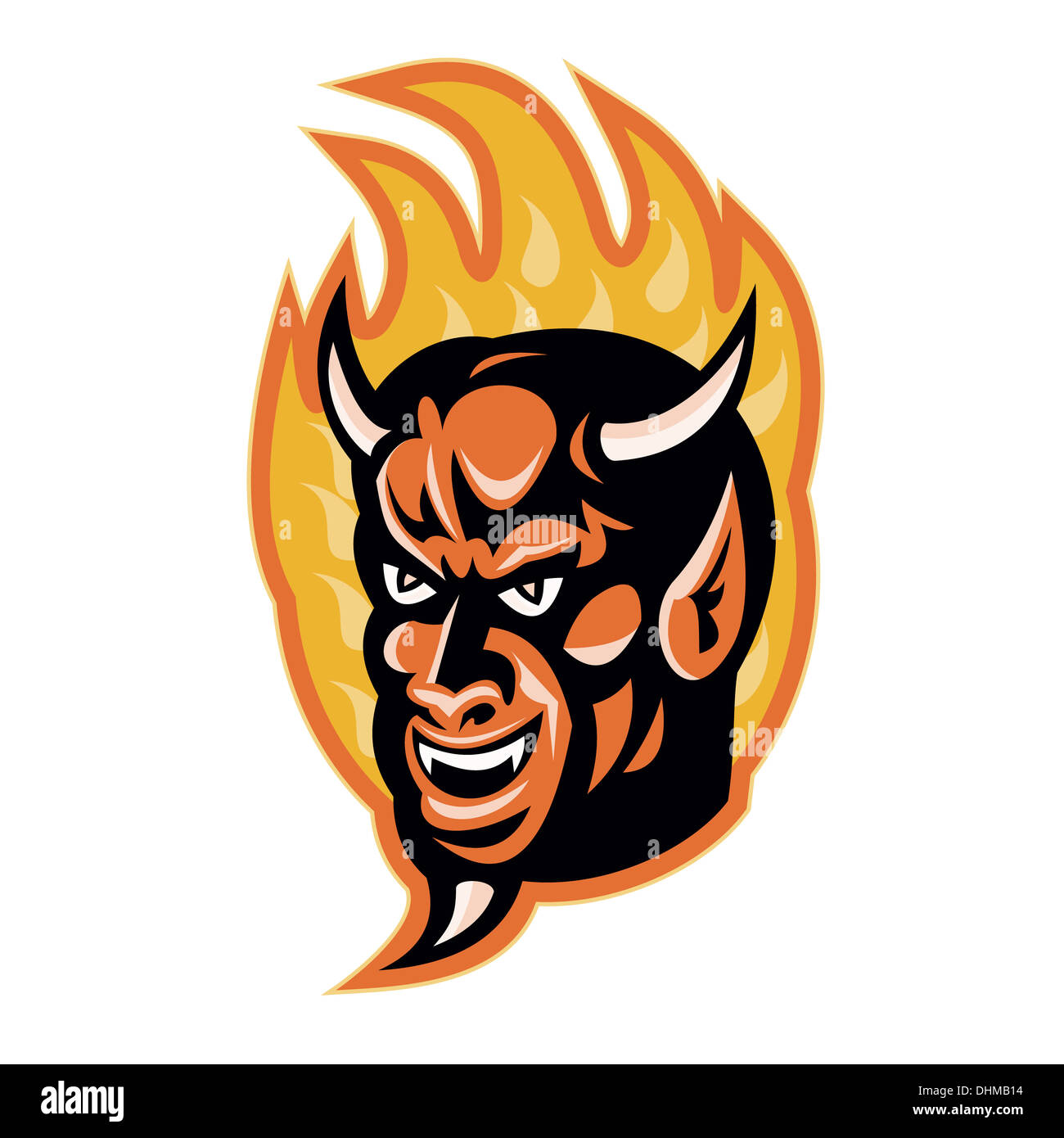 Illustrazione di un demone diavolo con grandi corna con fiamme di fuoco in background fatto in stile retrò. Foto Stock