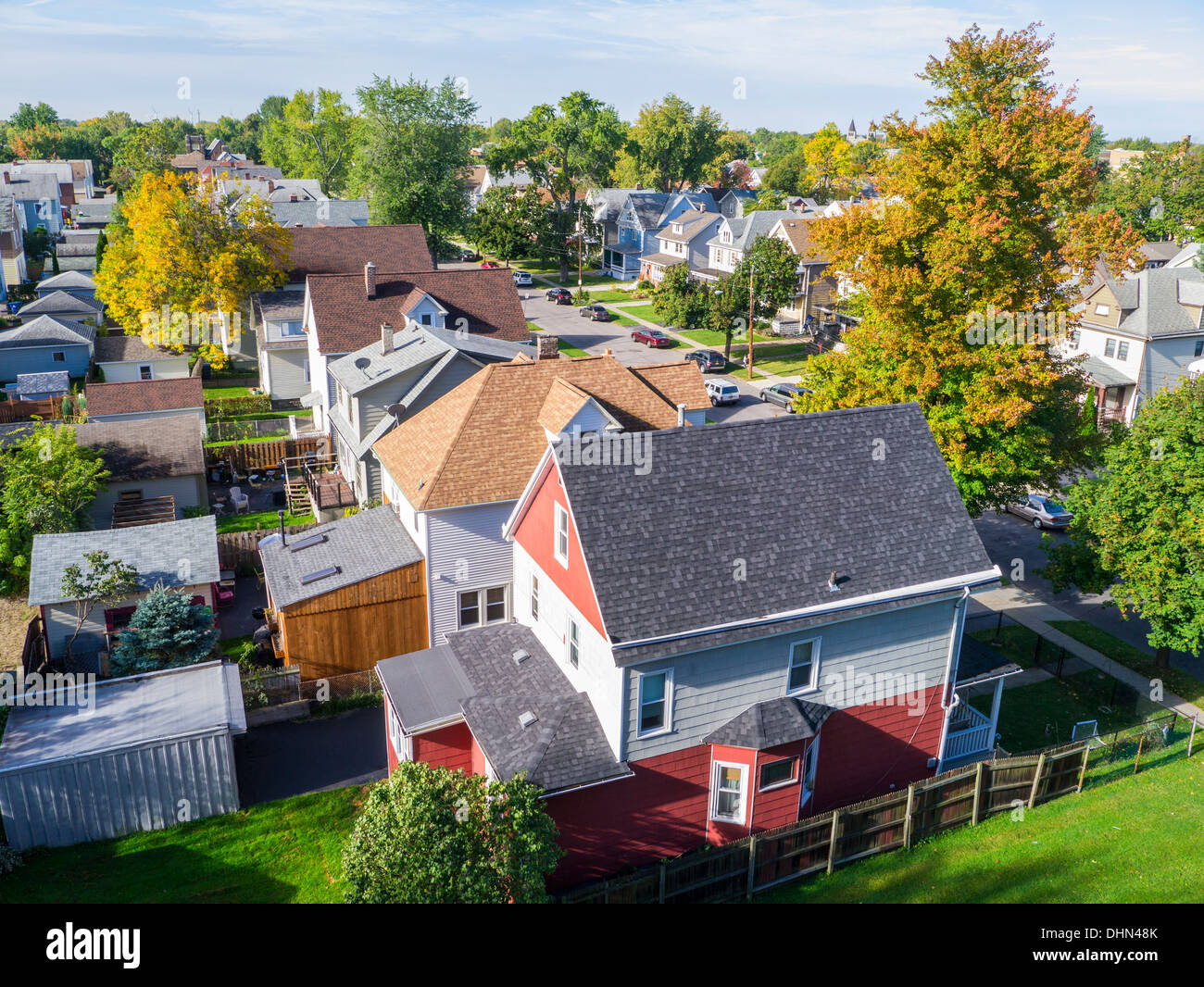 Guardando verso il basso a partire da sopra ad una area residenziale di South Buffalo New York Stati Uniti Foto Stock