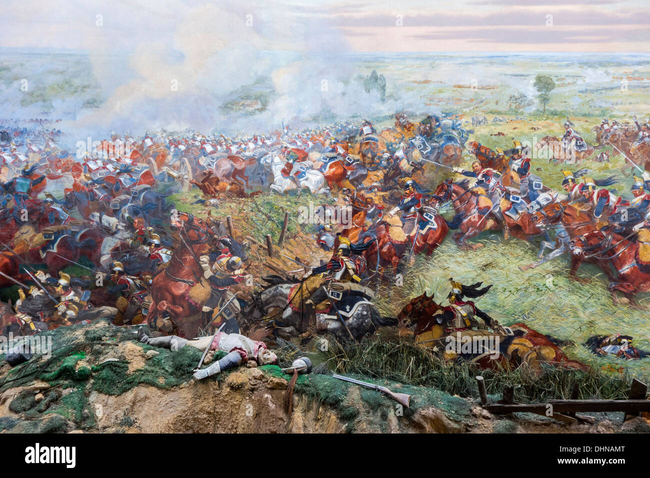 Panorama, museo mostra 360° affresco del 1815 le scene di battaglia della Guerra Napoleonica, la battaglia di Waterloo, Braine-l'Alleud, Belgio Foto Stock