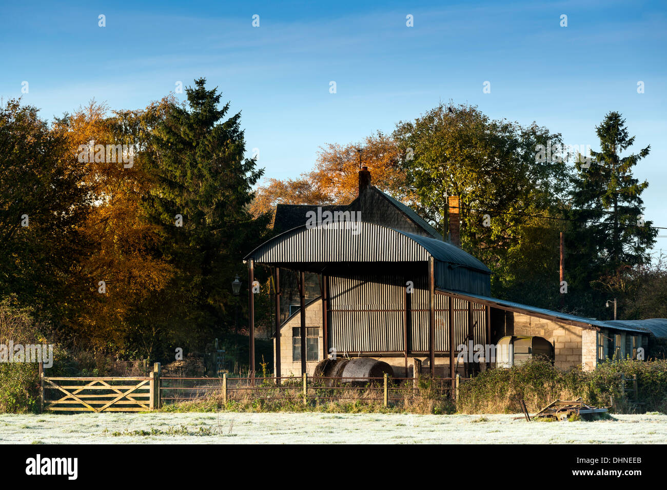 La mattina di sole autunnale illumina gli alberi dietro il fienile in azienda nel mese di novembre. Foto Stock