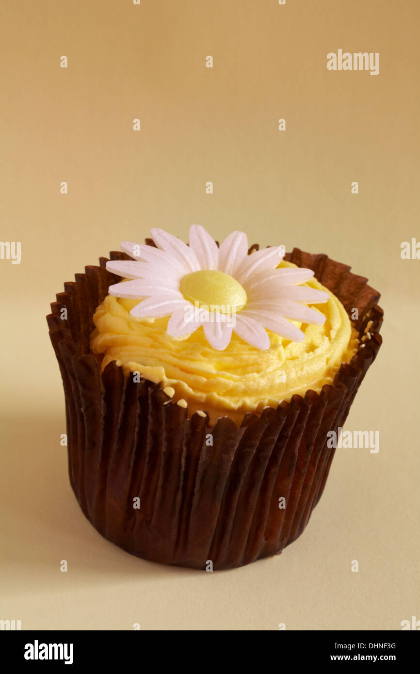 Limone daisy cupcake isolato sul pallido sfondo giallo Foto Stock