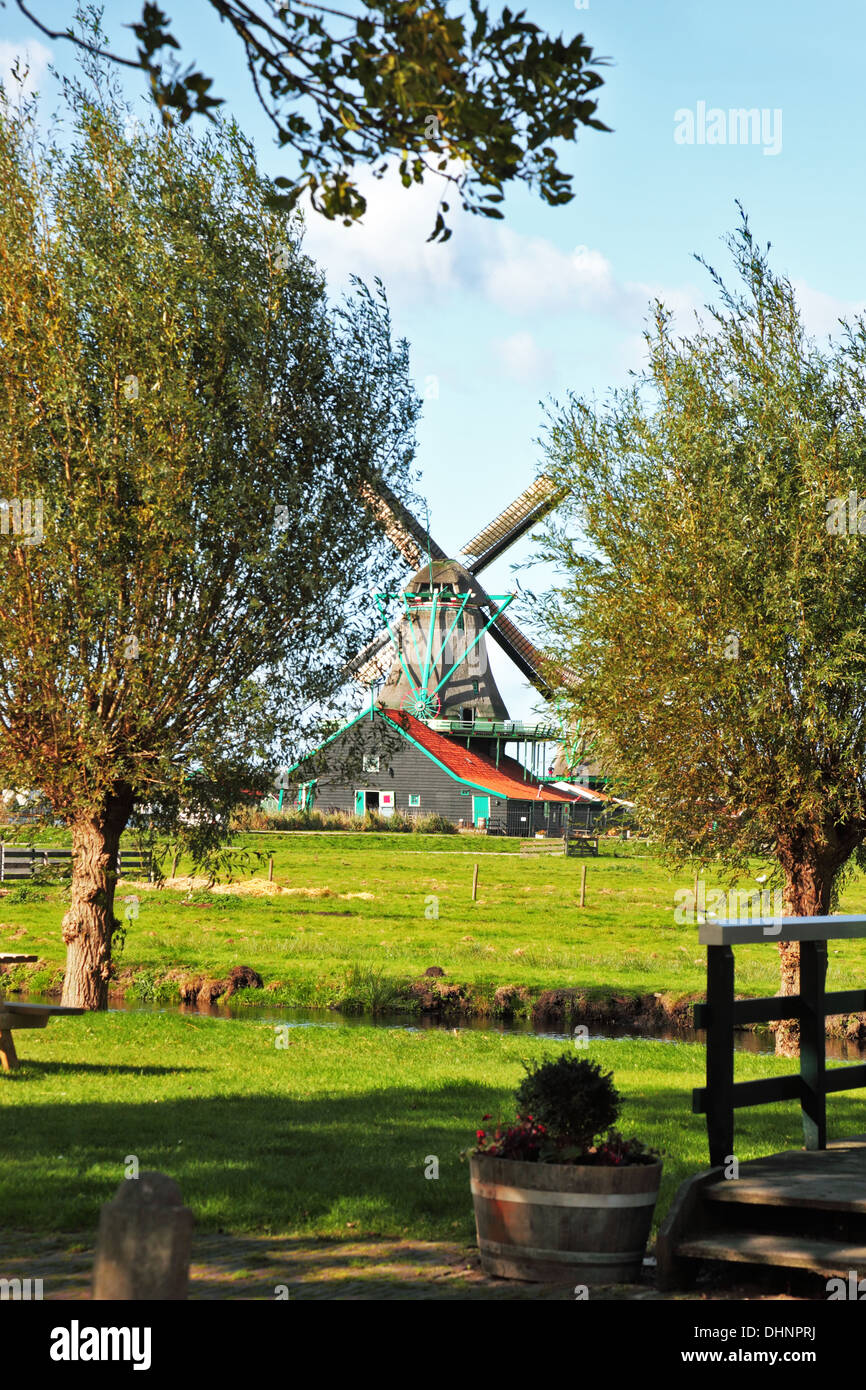 Piccolo villaggio in Olanda con mulini a vento Foto Stock