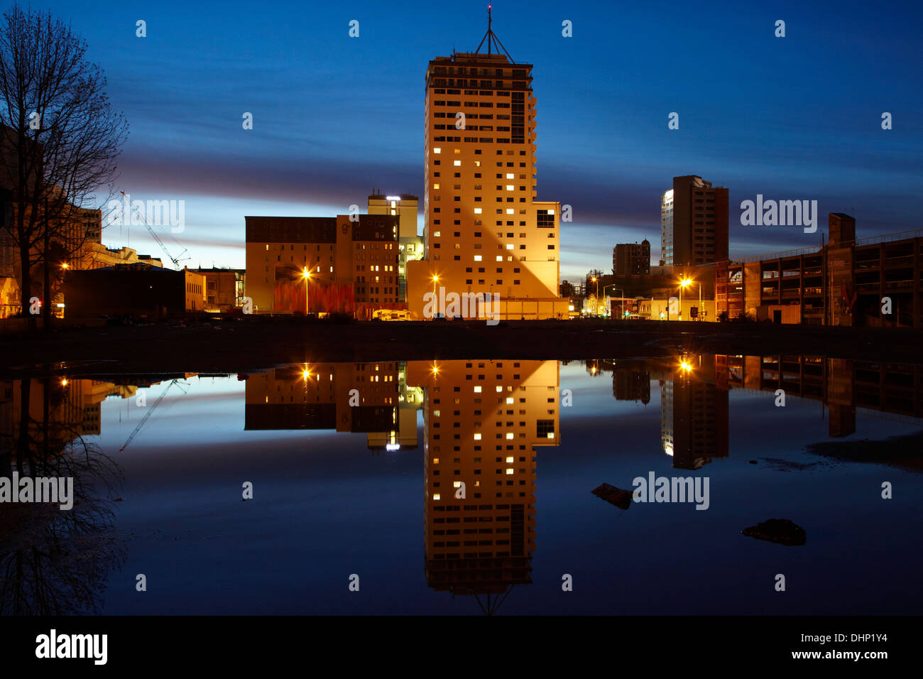 CBD al crepuscolo, Christchurch, Canterbury, Isola del Sud, Nuova Zelanda Foto Stock