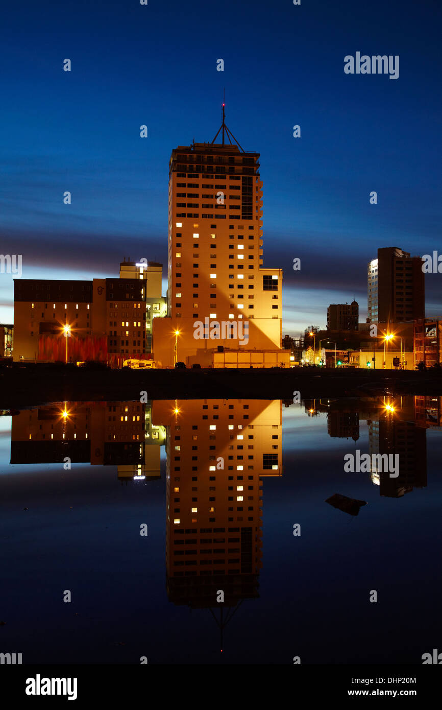 CBD al crepuscolo, Christchurch, Canterbury, Isola del Sud, Nuova Zelanda Foto Stock