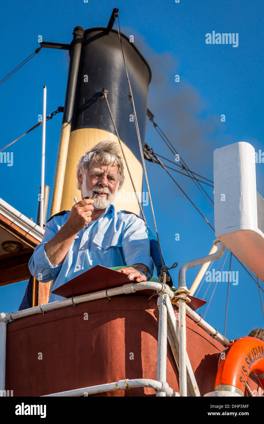 Lo skipper del vecchio sistema di cottura a vapore SS Skjelskør, Frederikssund, Zelanda, Danimarca Foto Stock