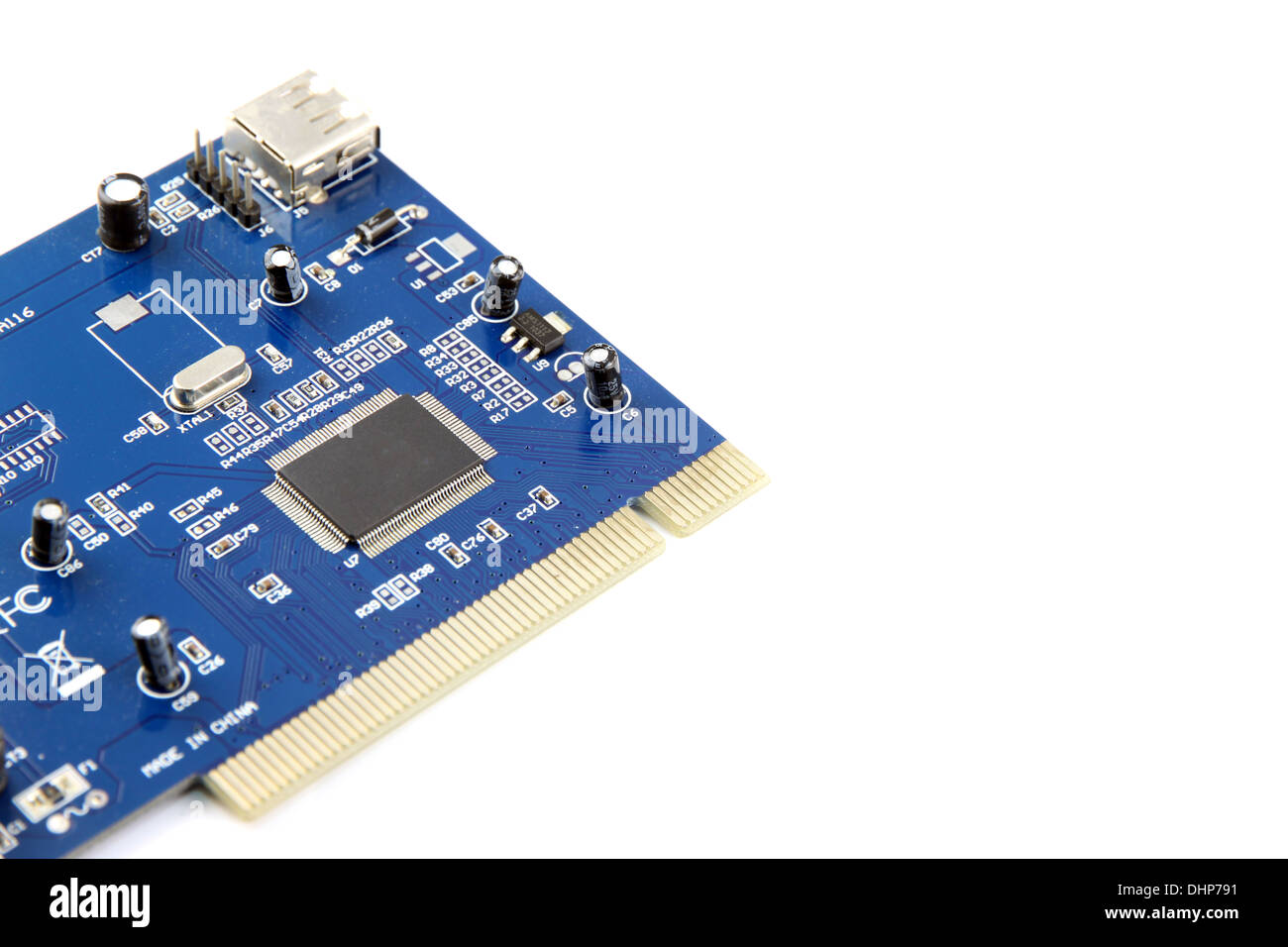 Primo piano l'immagine blu scheda USB apparecchiature per computer scheda di circuito. Foto Stock