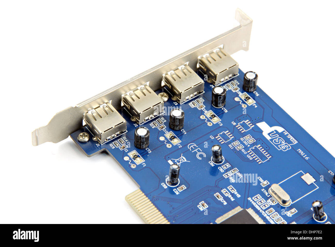 Primo piano l'immagine blu scheda USB apparecchiature per computer scheda di circuito. Foto Stock