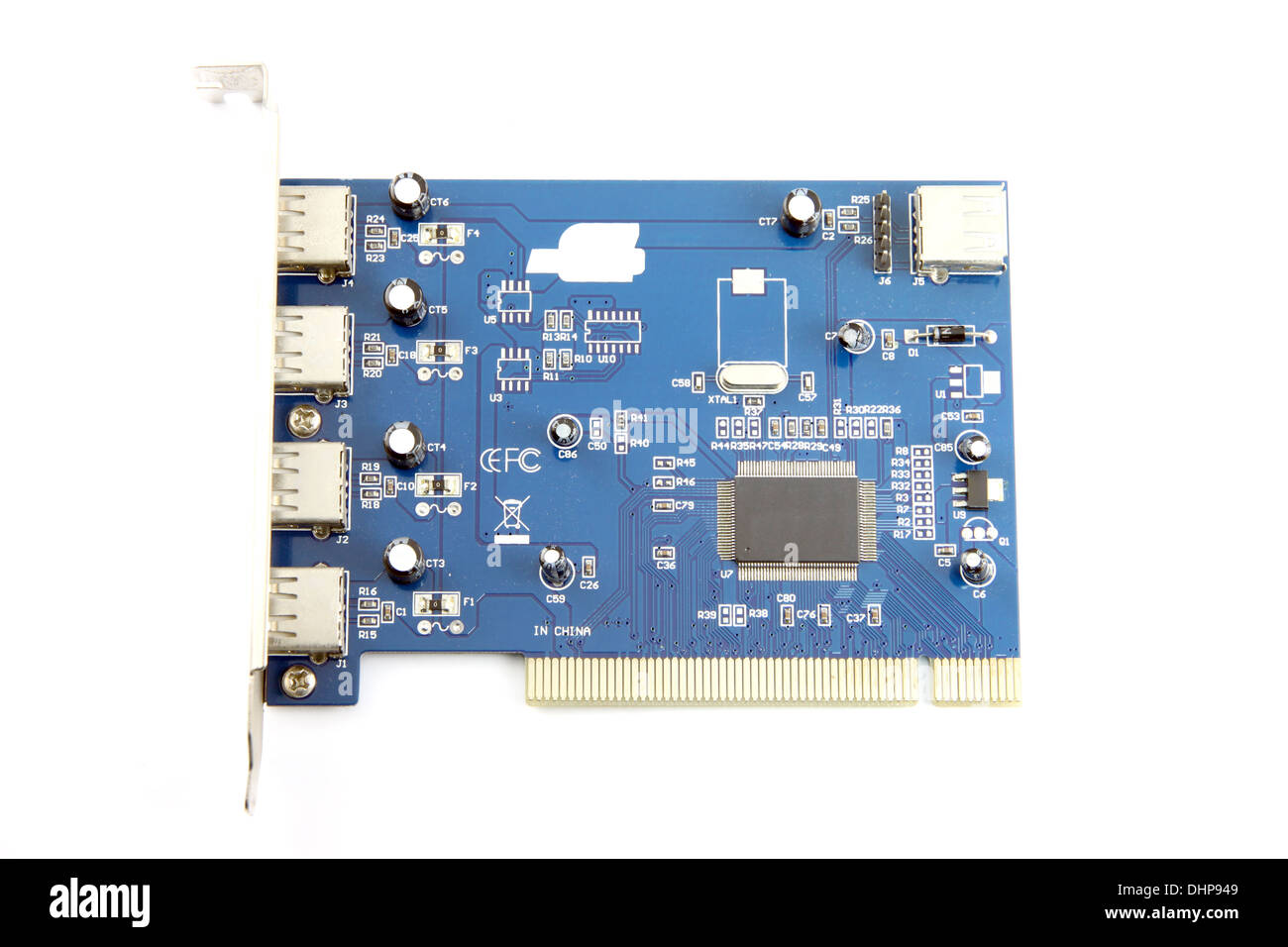 Primo piano l'immagine blu scheda USB apparecchiature per computer scheda di circuito. Foto Stock