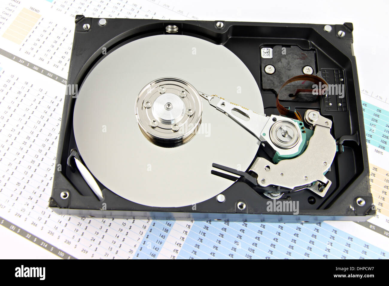 L'immagine disco rigido aperto il coperchio superiore off sul grafico di business. Foto Stock