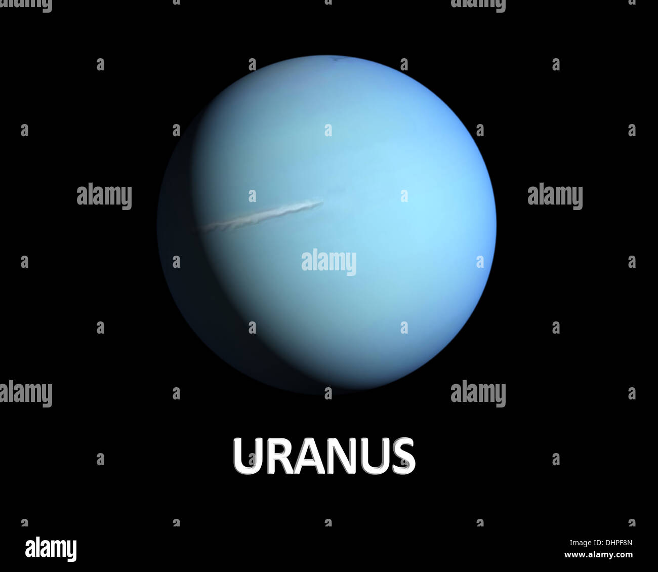 Un rendering del Gas Il pianeta Urano su un pulito sfondo nero con didascalie in inglese. Foto Stock