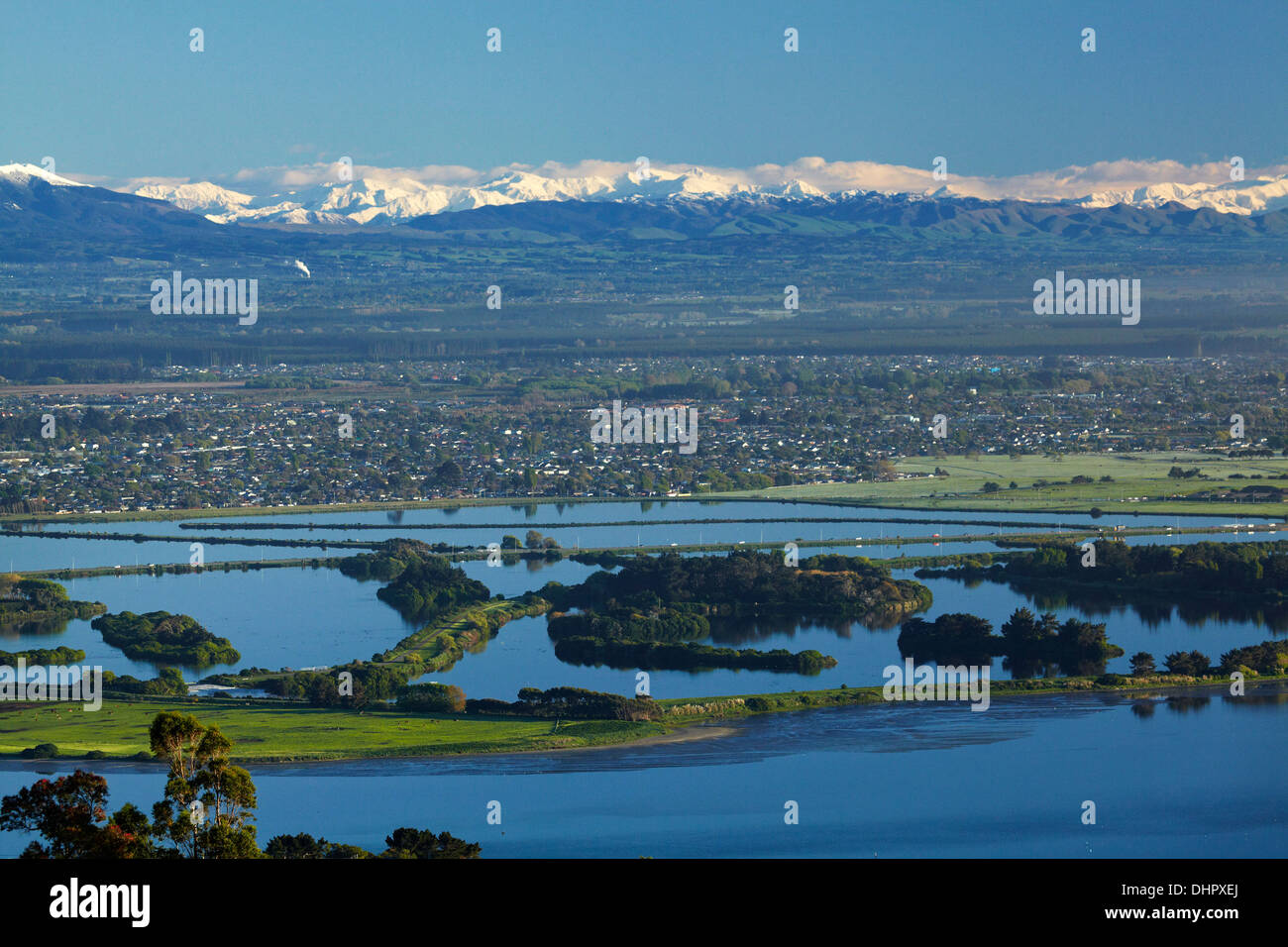 Estuario del Heathcote e fiumi Avon, Christchurch e le Alpi del sud, Canterbury, Isola del Sud, Nuova Zelanda Foto Stock