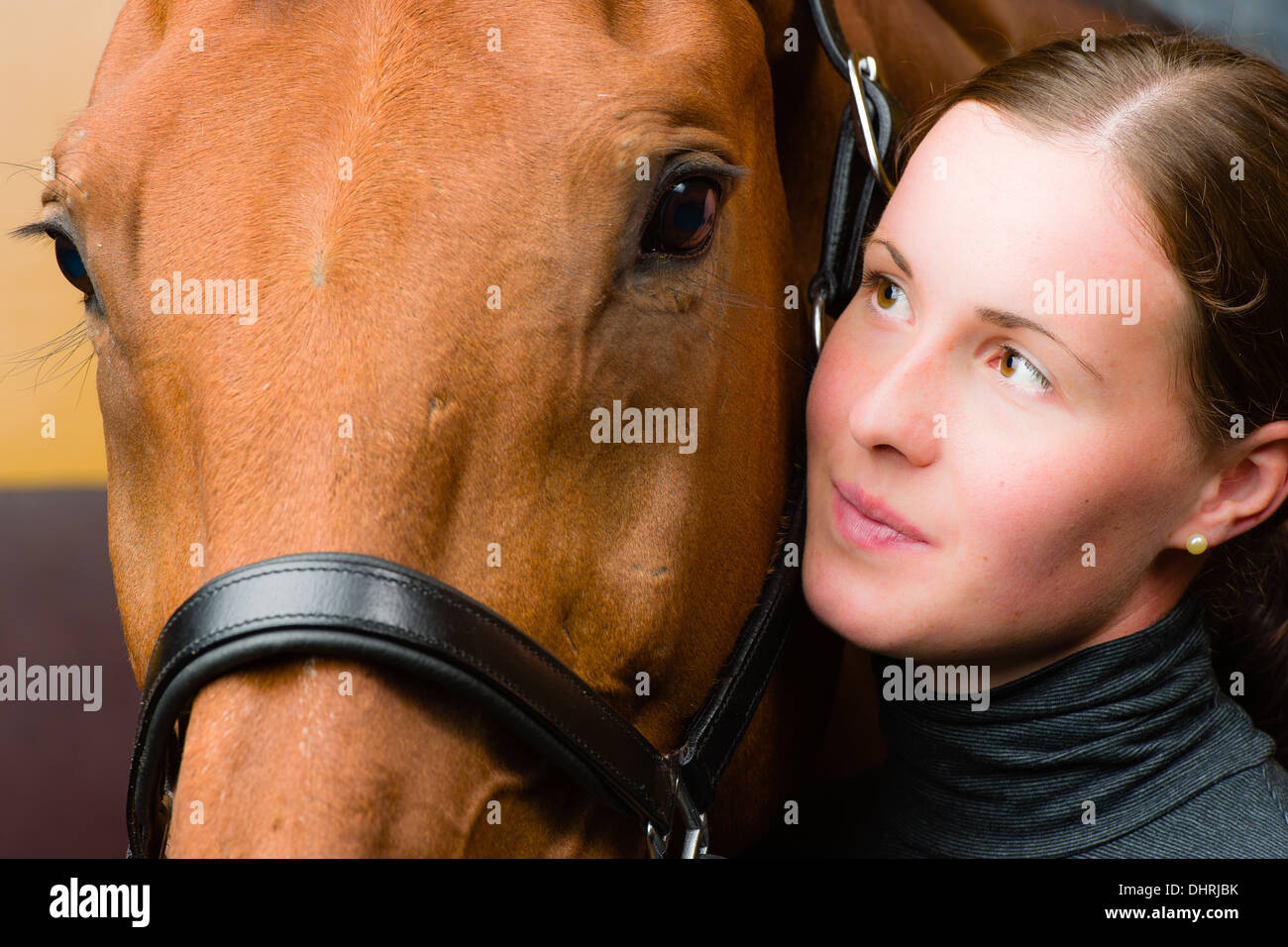 Donna e cavallo insieme, donna guarda verso il cavallo Foto Stock