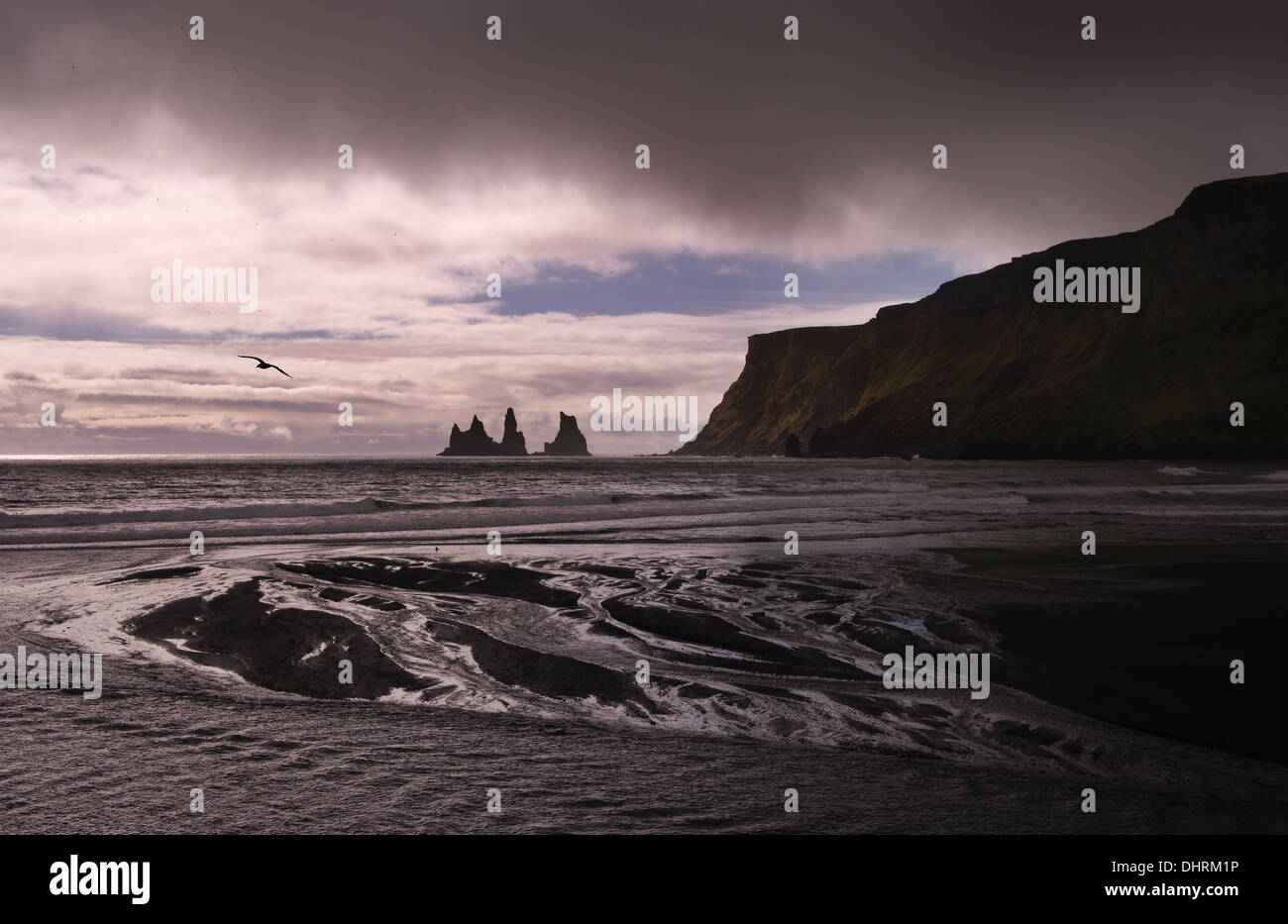 Le onde battono il vulcanico basalto nero alla spiaggia di sabbia di Vik, Islanda, 9 settembre 2013. (Adrien Veczan) Foto Stock