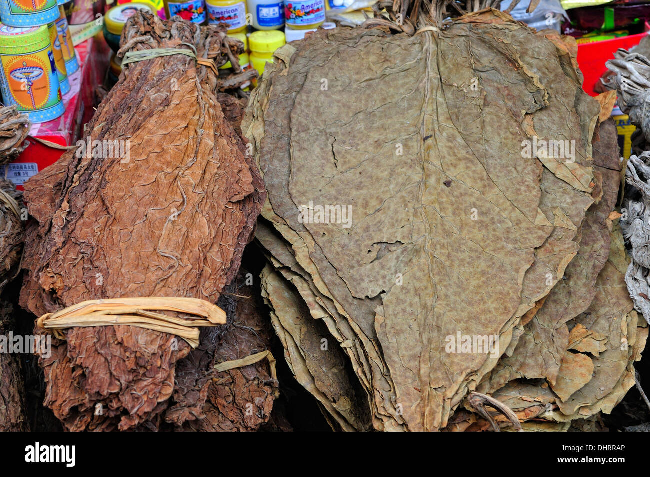 Asciugare le foglie di tabacco Lhasa al mercato Foto Stock