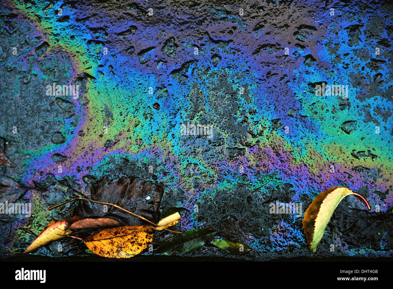 Foglie di autunno sulla fuoriuscita di benzina Foto Stock