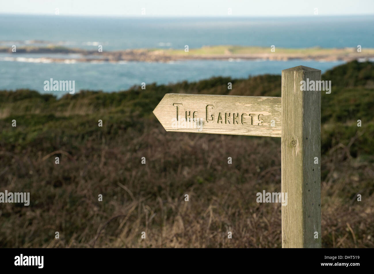 Cartello a Telegraph Hill, Alderney, Isole del Canale, con isola di Burhou in background Foto Stock