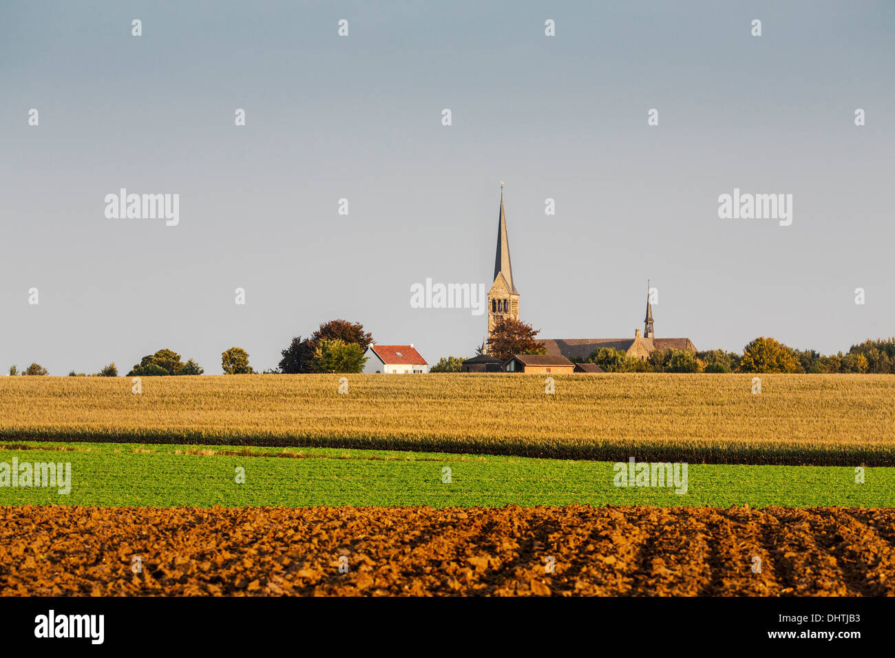Paesi Bassi, Schimmert, i terreni agricoli e chiesa Foto Stock