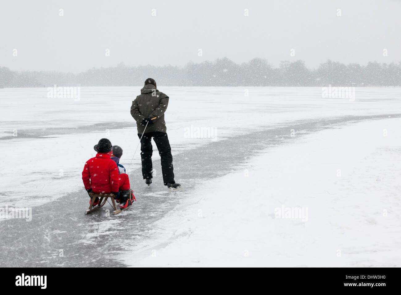 Paesi Bassi, Loosdrecht, laghi chiamato Loosdrechtse Plassen. L'inverno. Padre pattinaggio sul ghiaccio con figli su slitta Foto Stock
