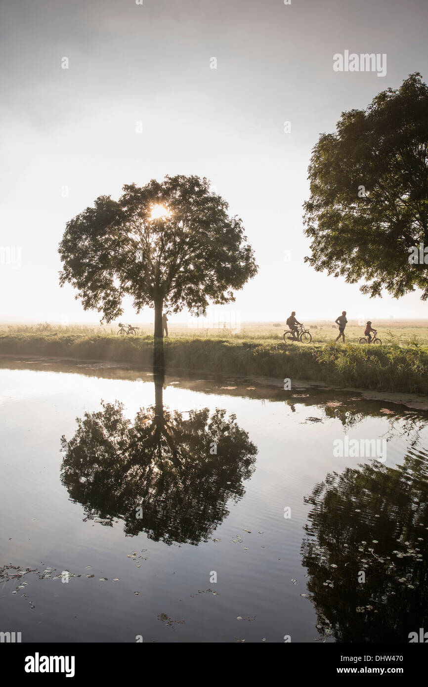 Paesi Bassi, Weesp, ciclisti e del jogging presso sunrise Foto Stock