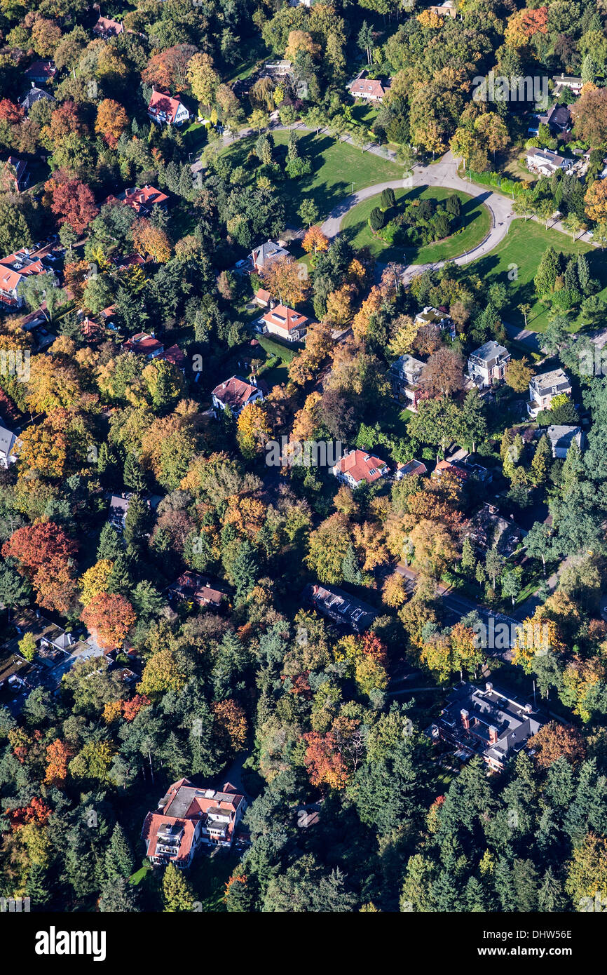 Paesi Bassi, Hilversum, ville circondate da alberi. Colori dell'autunno. Antenna Foto Stock