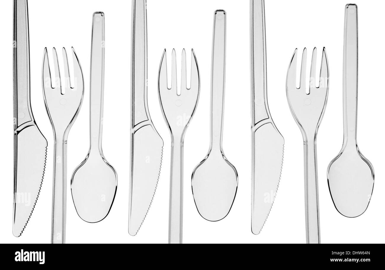Forcella, un cucchiaio e un coltello di plastica trasparente Foto Stock