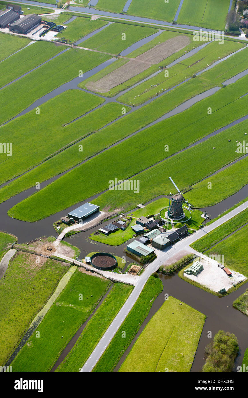 Paesi Bassi, Nieuwkoop, Agriturismo, mulino a vento e terreni agricoli in polder. Antenna Foto Stock