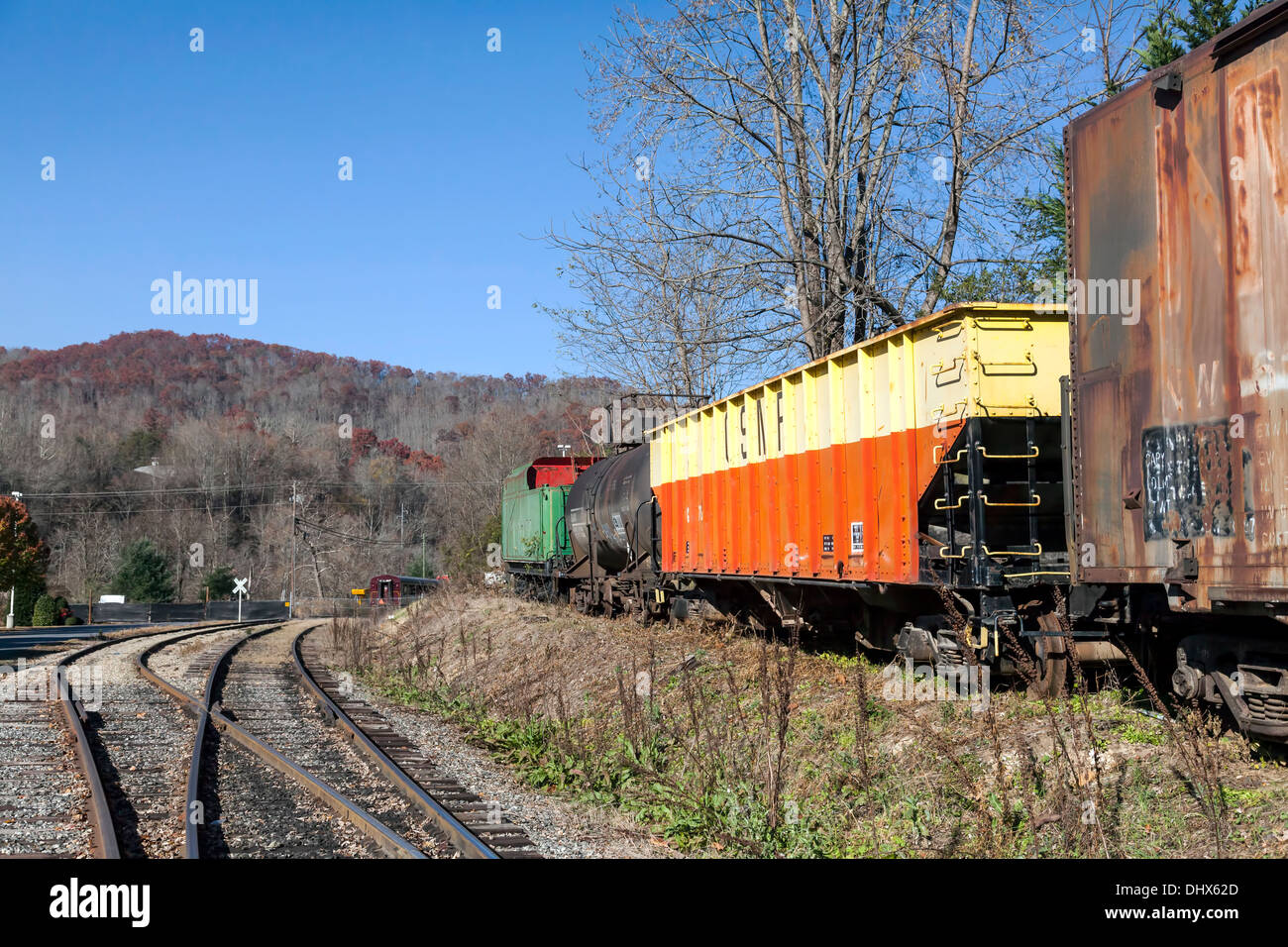 Non utilizzate vetture ferroviarie memorizzati su un lato sperone al Smoky Mountains vicino Dillsboro e Sylva, North Carolina, Stati Uniti d'America. Foto Stock