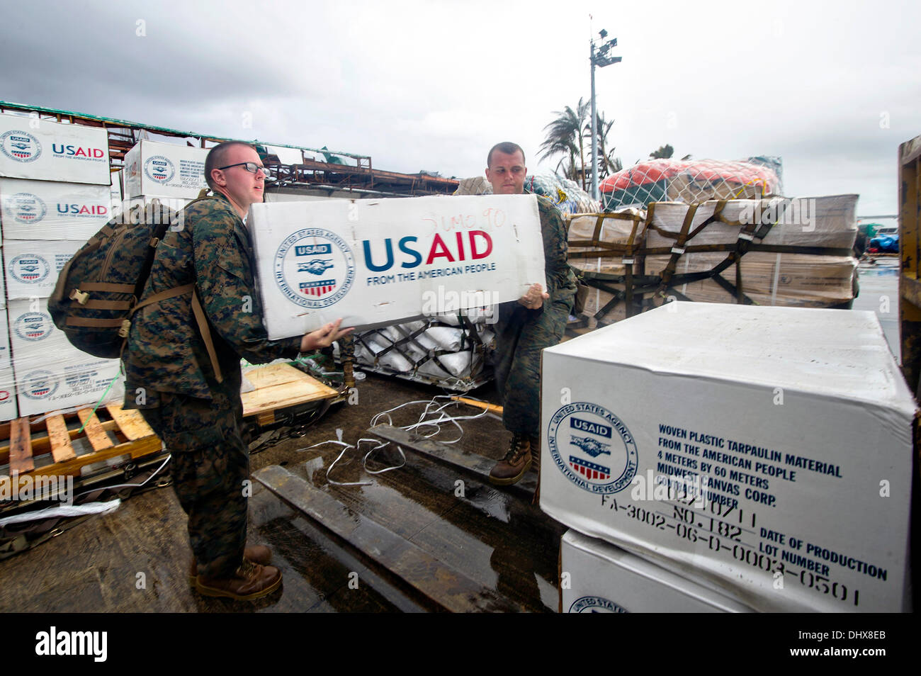 Marines americani carico forniture di emergenza su una MV-22 Osprey aeromobili a sostegno di tifone Haiyan soccorsi Novembre 14, 2013 in Tacloban, Filippine. Foto Stock