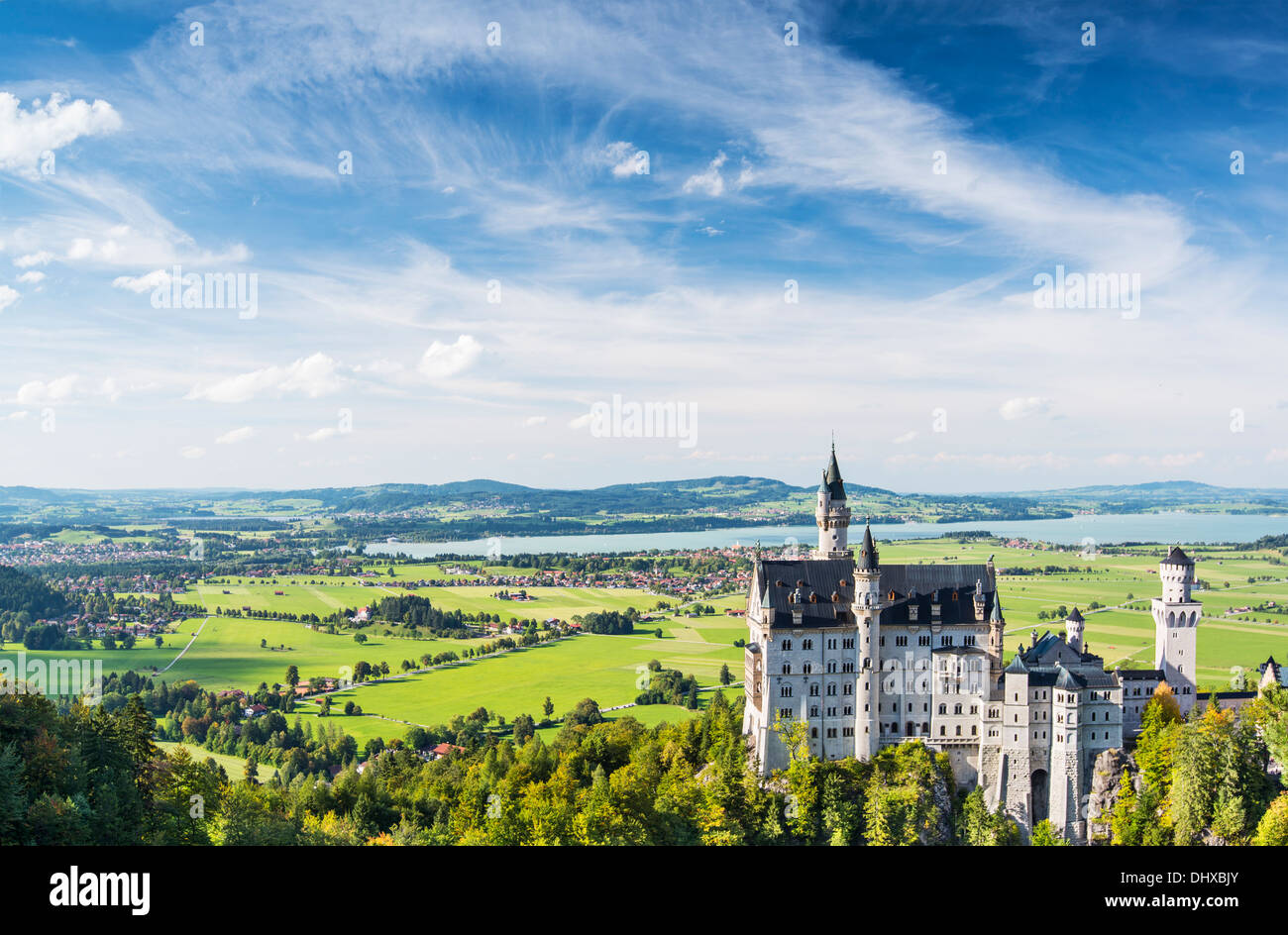 Il Castello di Neuschwanstein nelle alpi bavaresi della Germania. Foto Stock