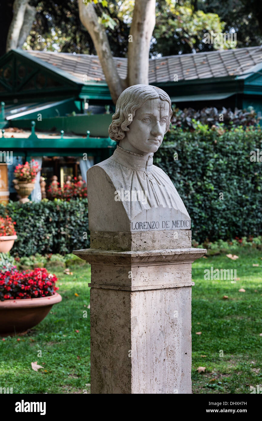 Busto scultura di Lorenzo de Medici, i giardini di Villa Borghese, Roma, Italia Foto Stock