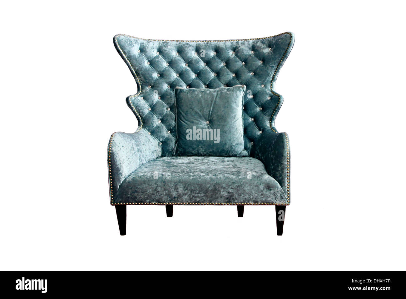 Vista ingrandita della sedia verdi su sfondo bianco. Foto Stock