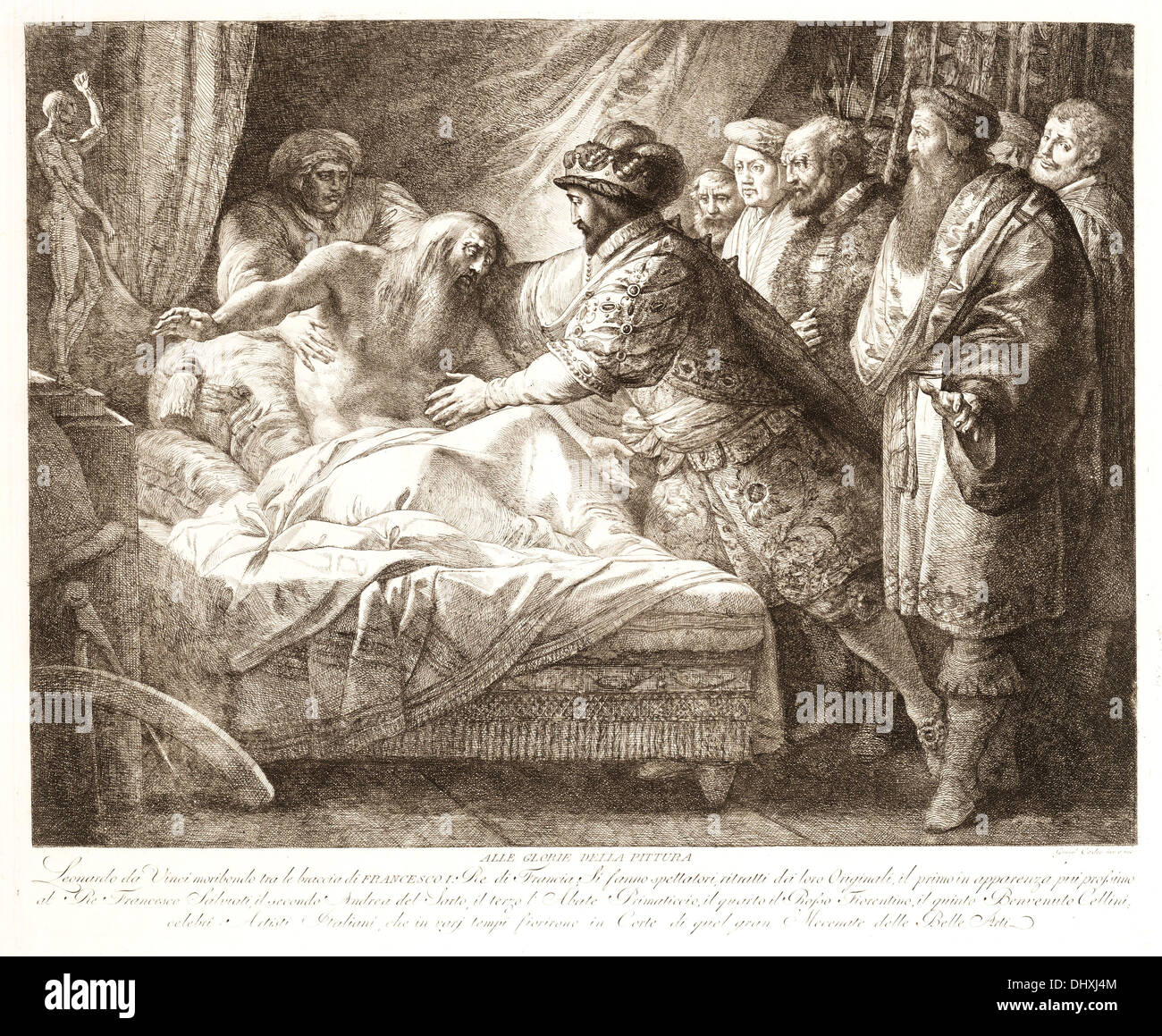 Allegoria della pittura ( la morte di Leonardo da Vinci ) - da Giuseppe Cades, ca. 1780-99 - solo uso editoriale. Foto Stock