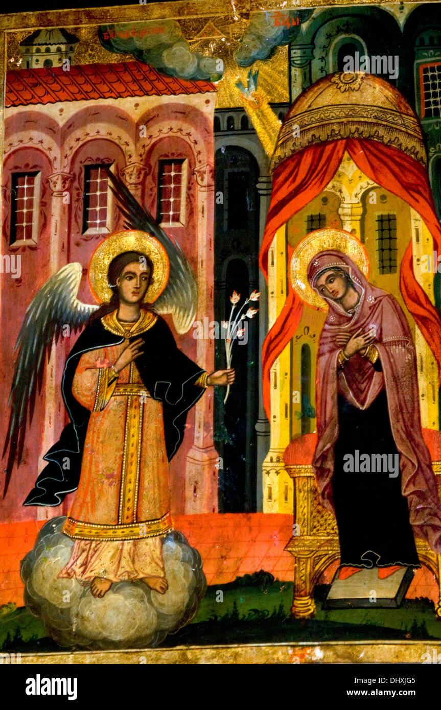 Piccola icona dell'Angelo Gabriele Visitazione della Vergine Maria che annuncia la venuta della nascita di Gesù Cristo ha trovato su una tavola di legno Foto Stock